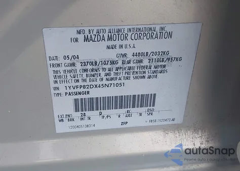 2004 Mazda 6 S z USA, uszkodzony, nr VIN 1YVFP82DX45N71051